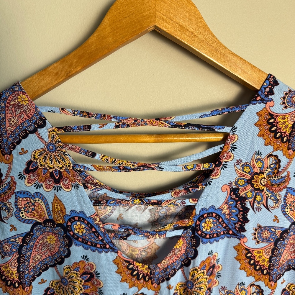 SoyaConcept Women's Floral Short Sleeve Pullover Blouse Blue Large Boho‎ Paisley - Picture 5 of 12